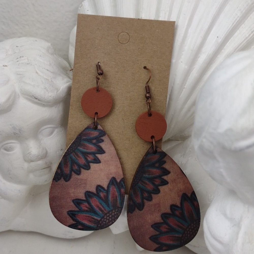 Boho Brown Teardrop Dreamy Earthy Flower Graphic Wooden Drop  Dangle Earrings